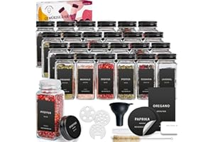 Happy Lemuro Gewürzgläser Set [24 x 120ml] mit 301 Etiketten auf Deutsch | Black Edition | Gewürzbehälter mit Metalldeckeln & Streueinsatz. Gewürzgläser Eckig, Schwarzer Deckel, 24er Set