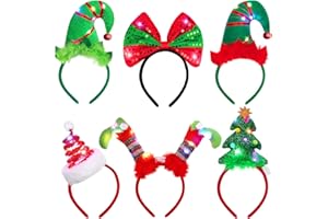 ELCOHO 6 Pack Christmas LED Headbands Holiday Light Up Costume Headband Reindeer Christmas Bow Elf Costumes Hair Bands for Christmas Party Costumes Favor