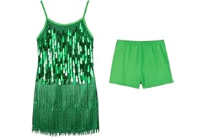 LOLANTA Costume de Danse Latine Rumba Salsa Chacha à Paillettes et Glands Franges pour Filles, Scintillant Mini Robe sans Manches à Réglable Bretelles avec Shorts