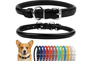 CollarDirect Rolled Leather Dog Collar, Soft Padded Round Puppy Collar, Handmade Genuine Leather Collar Dog Small Large Cat Collars Black Pink Red Purple Blue (Fits 12"-15" Neck, Black)