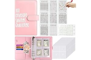 OUMAIFENG 100 Umschläge Challenge Binder Geldspar-Brieftasche, Geldordner mit 100 Umschlägen und 8 Budgetkarten, Geldbudget-Ringbuch, Bargeldfüllung, Budget-Brieftasche, Planne für Schule, Zuhause (Rosa)