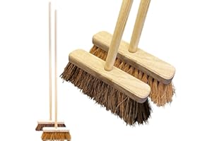 TDBS THE DUSTPAN AND BRUSH STORE Twin Pack Garden Broom Outdoor Heavy Duty - Stiff Yard Brush Bassine and Soft Bristle Broom Coco - Yard Brush Heavy Duty Outdoor for Dual Purpose Cleaning, Easy Assembly, 120cm Wooden Handle