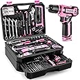 Pink Tool Kit Box Drill Set：DEKO Home Mechanic Toolbox with 12V Power Cordless Drill Hand Repair Tools Sets Combo Kits Storage Organizer Drawer Case for Women