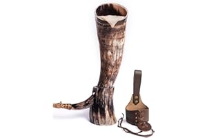 Norse Tradesman Corne de bœuf viking authentique de 50 cm avec support de corne et ornements de loup en laiton | Sac cadeau en toile de jute inclus | The Jarl, Brut, 50 cm