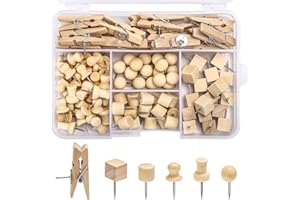 ALLBESTS 102 Pcs Wood Push Pins 6 Sizes Thumb Tacks for Wall Hangings Corkboard Office or Home