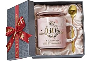 ALBISS 60th Birthday Gift for Women, Fabulous 1965 Aged to Perfection - 14oz Pink Coffee Mug Printed with Gold, Turning 60 Gifts for 60 Years Old Woman, Mum, Grandma, Friend, Her, Ceramic Marble Cup with Box