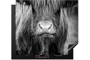 KitchenYeah© Herdabdeckplatte Einteilig Küche Herdabdeckung Induktionsfeld Ceranfeld Herdabdeckplatten Vinyl Matte Aufrollbar Schottisches Hochlandrind - Kuh - Schwarz und Weiß - Tiere - 60x52 cm