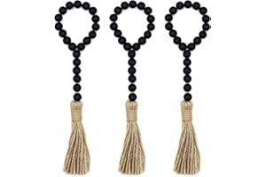 CVHOMEDECO. Wood Beads Garland with Tassels 3 PCS Farmhouse Rustic Wooden Prayer Bead String Wall Hanging Accent for Home Festival Decor. Black