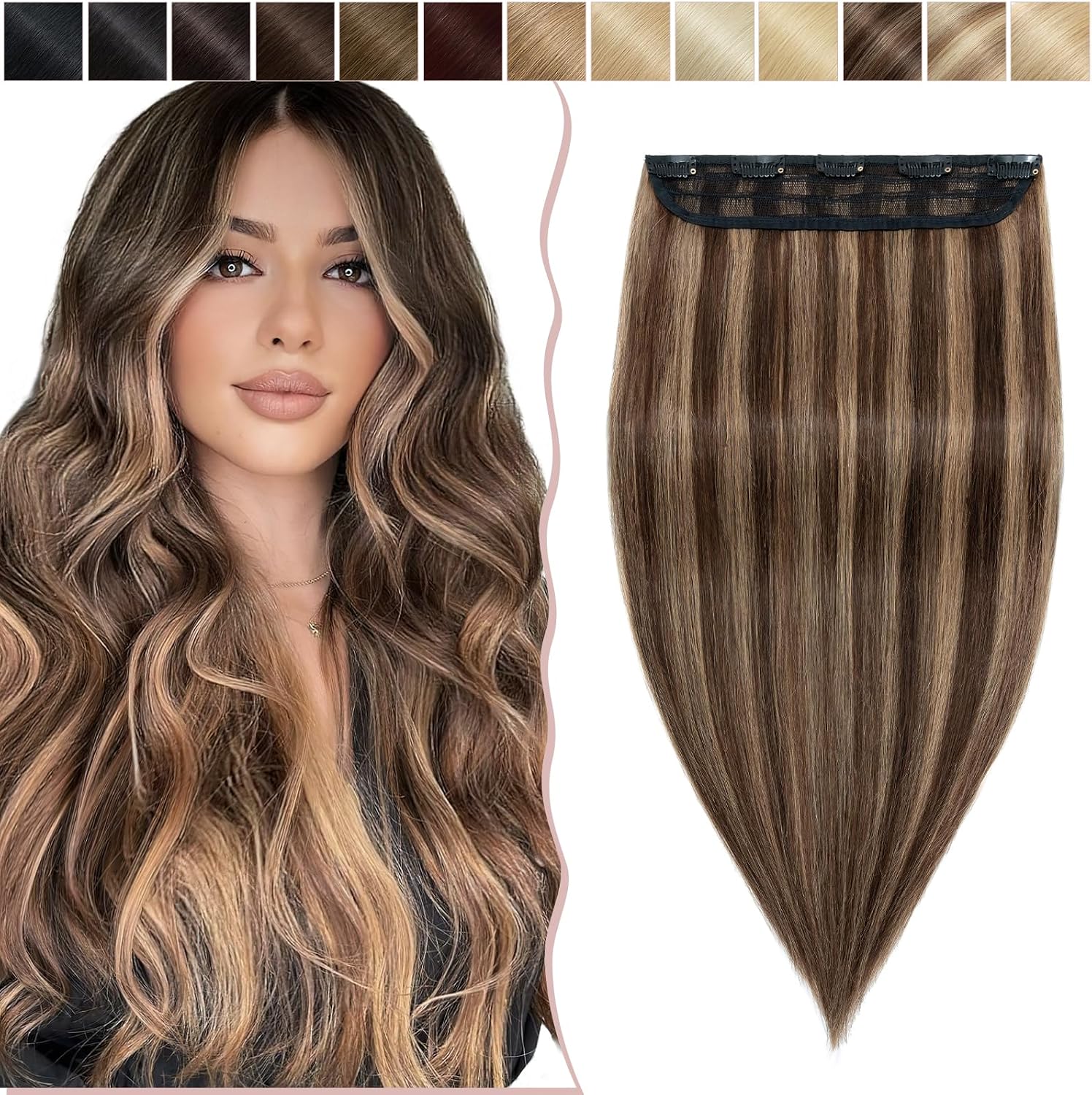 14"(35cm) SEGO Extensiones de Cabello Natural Clip Una Pieza GRUESA [#4/27 Castaño Chocolate/Rubio Oscuro] 100% Remy Pelo Humano Liso Postizos (75g)