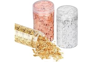 LONGINTO Gold Leaf Flakes, 3 Bottles Imitation Gold, Silver, Copper Colours Metallic Leaf Foil Flakes for Resin Jewelry, Painting, Crafting, and Nail Art 5g / Bottle
