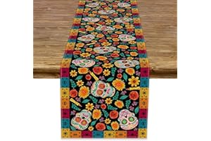 EWLPI Day of the Dead Table Runner,33*183cmMexico Linen Dia De Los Muertos Sugar Skull Table Decorations for Halloween Party Home Kitchen Dinning Room Fireplace Table Runner