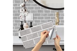 Grey Brick Tile Stickers, BYLife 18pcs Peel and Stick Wallpaper Transfers Sticker for Kitchen Bathroom Self Adhesive Vinyl Splashback Wall Tile for Home Decor 15x30 cm