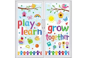 JarThenaAMCS Grow Together Window Clings Play Learn Window Stickers Colorful Motivational Double Sided Wall Glass Decals for First Day of School Party Home Classroom Decor, 6 Sheet, J0896