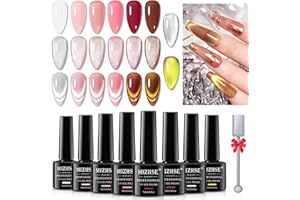 MIZHSE Zestaw lakierów do paznokci UV 8 kolorów – 6 szt. Nude Jelly Gel lakier mleczny biały, Nude, seria różowo-białych odcieni i 2 szt. Cat Eye UV Gel lakier do paznokci zestaw Shinning Cateye