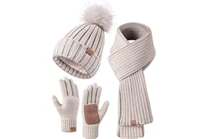 FISFET Hat Scarf and Gloves Set Ladies, Winter Beanie Hat for Women with Pom Pom Fleece Lined Warm Thermal, Bobble Hat Touchscreen Gloves Women Scarf Neck Warmer 3 in 1 Cold Weather Set