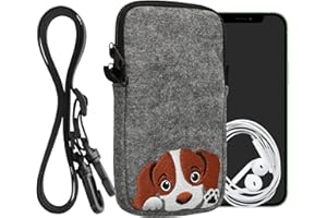 kwmobile Handytasche für Smartphones XL - 6,7/6,8" - Filz Handy Hülle Braun Weiß Grau - Handy Tasche mit Kette 17,2 x 8,4 cm Innenmaße - Neugieriger Hund