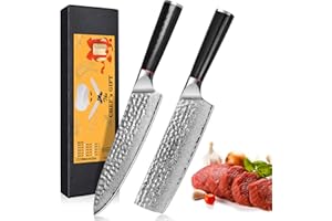 oFuun Juego de Cuchillos de Cocina Profesional, 2 Piezas Set Cuchillo Cocina Damasco de 19,3cm Cuchillo Chef, 17,4cm Cuchillo de Nakiri - Serie Loyal