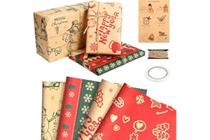 Kesote 4 Fogli Carta Regalo Natale 70x50cm, Carta Kraft con Adesivo Natalizio Nastro Biadesivo Spago da 5 metri