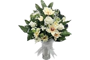 PLUS HOME Ramo para Cementerio de Flores Artificiales de Tela para Todos los Santos Medida 74cm..ENCARADO Rosa Capullo Blanco ENCARADO Clematis Daisy SALMÓN