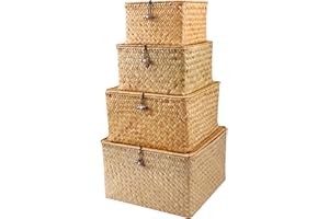 FEILANDUO 4 cestas de almacenamiento de mimbre con tapas, cestas tejidas de junco marino para estantes, cajas de almacenamiento apilables para organizar contenedores de ratán (natural)
