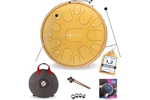 Sonodrum Steel Tongue Drum « Premium » do majeur en or - 14 pouces avec 15 sons - Tambour à langue en acier avec livre de partitions, mailloches et sac. Savoir jouer des notes n'est pas nécessaire.