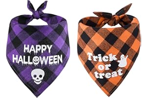 SHOKUTO 2Pcs Halloween Dog Bandanas, Classic Plaid Pets Triangle Scarfs Adjustable Dog Bandana Washable Cat Bibs, Ghost Skull Pet Costume Scarf for Halloween Party Supply