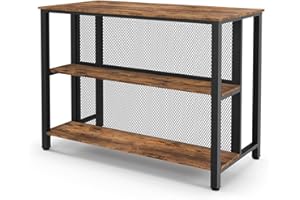 GiantexUK Liquor Bar Table, 3-Tier Wine Bar Cabinet with Storage Shelves & Adjustable Foot Pads, Metal Frame Rectangular Kitchen Table for Dining Living Room Cafe Bistro (Rustic Brown)