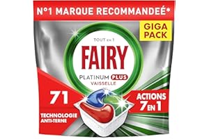 Fairy Platinum Plus Tablettes Lave-vaisselle Tout-en-1, 71 Tablettes, Sans Parfum, Technologie Anti-Terne, Redonne l'Éclat, Prévient le Calcaire, Système Pré-Lavage Intégré, Efficace en Cycle Court