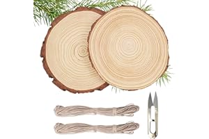 FINEASY 2 Pezzi Fette di Legno, Dischi Legno 18-20 cm di Diametro 1.5 cm, Tronchi non Forata, Tronchi Decorativi con Corda e Forbici per Bricolage, Matrimonio, Decorazioni Natalizie