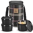 MILTON Lofty Lunch Box with Insulated Fabric Bag, Microwave Safe & Leak Proof, 3 Inner Steel Containers with BPA Free Lids (1 x 320 ml, 2 x 450 ml Each) for Office, School, College - Black