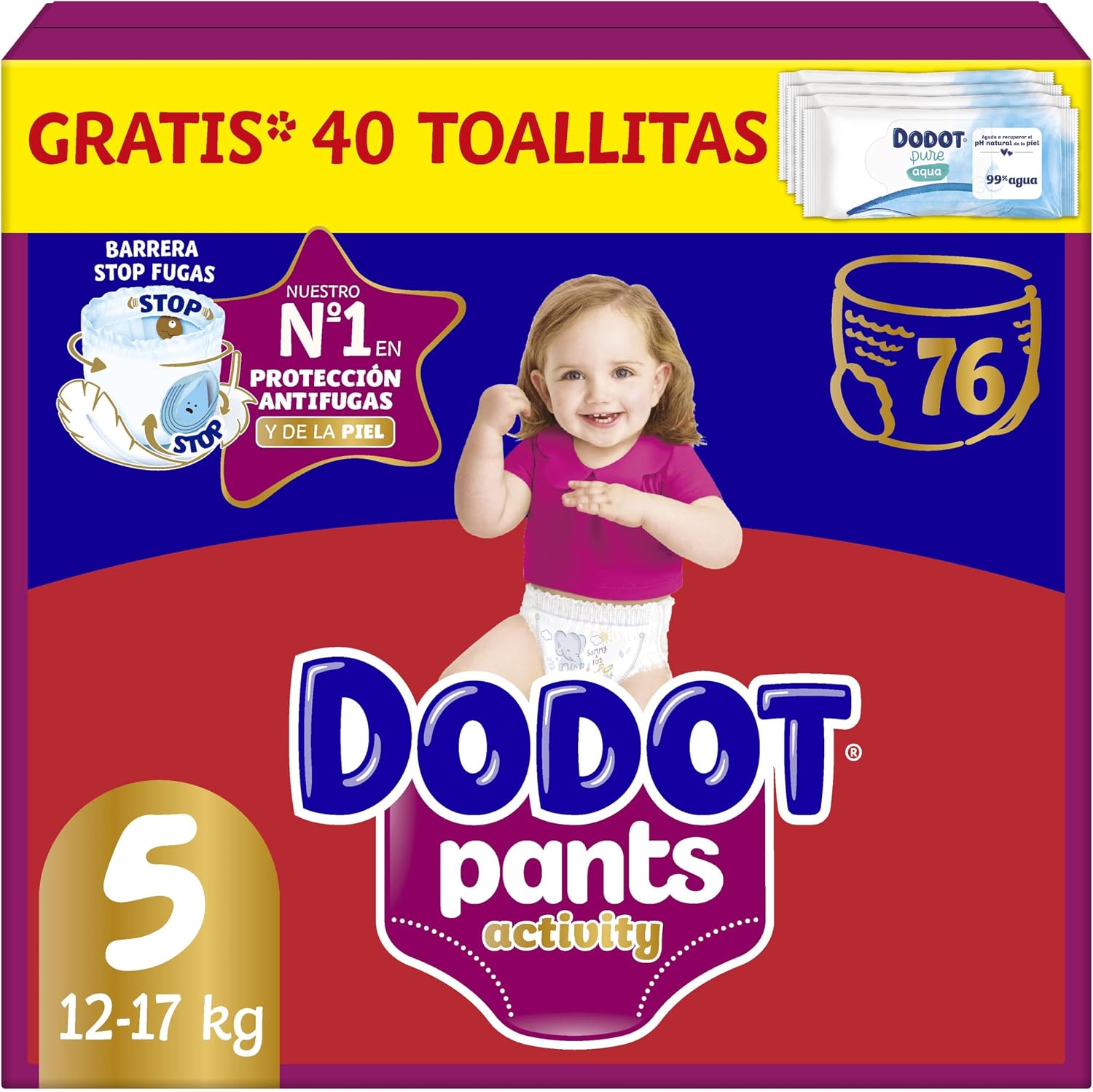 Dodot Pañal-Braguita Activity Pants , Talla 5 (11-17 kg), 76 Pañales + Regalo de 1 Pack de 40 Toallitas, Con Ajuste 360 anti-fugas extra suave