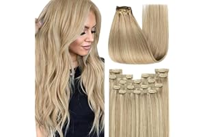 ‎YOUNGSEE YoungSee Echthaar Extensions Clip Blond Dickes Haar Clip in Extensions Goldblond mit Mittelblond Clip in Extensions Echthaar Blond 35 cm Extensions Echthaar Clip Blond 120g #16/22