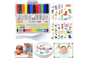 JSHENG 12 Piezas Rotuladores de Agua Magicos para Niños, con Cuchara, 2 Pegatinas para Tatuajes, para Dibujo Graffiti Escritura Pizarra Ropa (B)