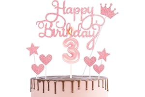 HONGCI Happy 3rd Birthday Cake Topper & Candle - Pink Number 3 for Girls' Birthday Party