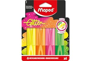 Maped - 740247-4 - Evidenziatori fluorescenti glitterati, punta a scalpello, a lunga durata, per scuola, lettering, bullet journal e professionale, 4 colori neon glitterati