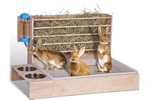MOGOULUA Grand râtelier à foin 4 en 1 - En bois - Distributeur de nourriture pour lapins - Avec bac à litière pour chat - Bouteille d'eau - Distributeur de nourriture pour hamster - Distributeur