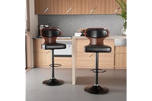 Hawthyhome Bar Stools Set of 2 Seat Adjustable Height 62-85cm |Bentwood Swivel Barstools with Back & Footrest •breakfast bar stool set •PU Leather Upholstered BarChair for Bar, Kitchen, Dining Room