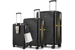 Sea choice Expandable Luggage Set 3 Piece Expandable Suitcase Set Hard Shell Suitcase with Cupholder 8 Wheels Suitcase TSA Lock Brake Caster Spring Absorber