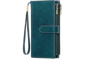 GOIACII Ladies Large Purse Soft Leather Women's Wallet, 2 Zipper Coin Phone Pockets, Detachable Wrist Strap, 5 ID Windows, RFID Blocking Travel Credit Card Holder, Teal