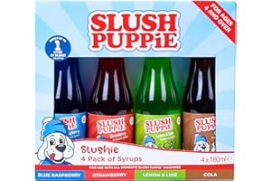 FIZZ CREATIONS Paquete de 4 sabores surtidos de jarabe Slush Puppie. Incluye sabores icónicos de frambuesa azul, fresa, cola, limón y lima. 4 botellas de 180 ml. Producto oficial de Slush Puppy