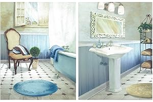 DCINE Cuadro Decorativo de baño en Tonos Azules Set de 2 Cuadros de 19 cm x 25 cm x 4 mm unid. Adhesivo FÁCIL COLGADO. Adorno Decorativo. Decoración Pared hogar