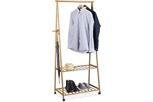 Relaxdays Stojak na ubrania na kółkach, bambus, 2 półki na buty, szyna na ubrania, wys. x szer. x gł.: 166 x 84 x 45 cm, szafa mobilna, naturalny brąz, 45 x 84 x 166 cm