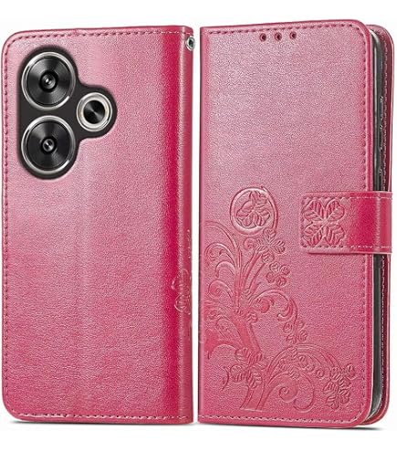 RankOne Custodia in Pelle per POCO F6 (6.67 Inches), Cover a Portafoglio con 3 Fessure per Carte 1 Tasca Portamonete Motivo Quadrifoglio - Rosso