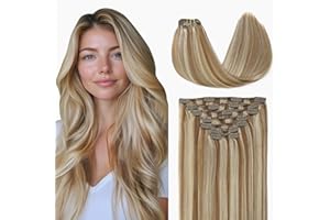 ‎VINBAO VINBAO Clip in Extensions 140g 40cm Highlight Hellbraun Blond Echthaar Extensions Haarverlängerung Echthaar Balayage Ombre Clip in Extension Clips in 7pcs 16 Zoll #8P60