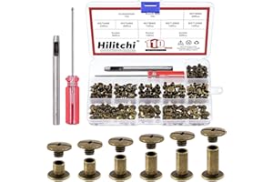 Hilitchi 110 Sets Bronze Chicago Schrauben Knöpfe Flachkopfschrauben Ledernieten Karbonstahl runde Bindeschrauben Nieten Nagelniete Ledernieten Nieten mit Installationswerkzeug (M5 x 4,5,6,8,10,12)