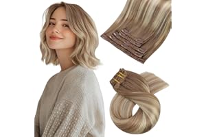 Moresoo Extension Cheveux Naturel Clip Balayage Extension à Clip Cheveux Humain Ombre Brun Clair avec Blond Moyen #8/22/8 25 cm 5 Pièces 80g