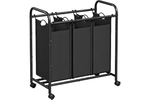 ‎SONGMICS SONGMICS LSF003B kosz na pranie z 3 przegródkami, z kółkami, do sortowania prania, z uchwytami, wyjmowane kieszonki materiałowe, czarny