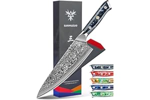 SANMUZUO Couteau de Chef en Damas - Lame de 20cm - Japonais en Acier de Damas 67 Couches Couteau de Cuisine - Manche en Résine (Noir étoilé) - Xuan Série