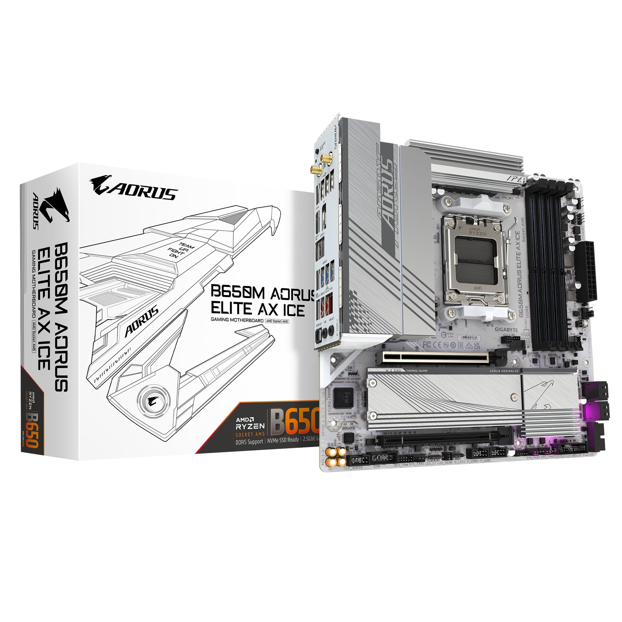 GIGABYTE B650M AORUS ELITE AX ICE AM5 LGA 1718 AMD B650 M-ATX Motherboard with 5-Year Warranty, DDR5, 2* M.2, PCIe 5.0, USB 3.2 Gen2X2 Type-C, 2.5GbE LAN, Q-Flash Plus, EZ-Latch