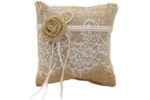 ERKIC NP Cojín de Anillos de Boda Vintage de Arpillera de Encaje Flores Anillo de Boda Cojín de Alianzas de Novia Cojín para Anillos de Boda Cojín de Anillos para Bodas en el Mar Rústico Bodas Vintage Bodas